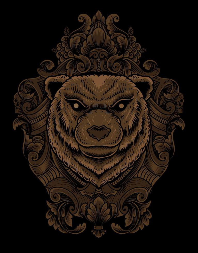 illustration bear head with engraving ornament vector