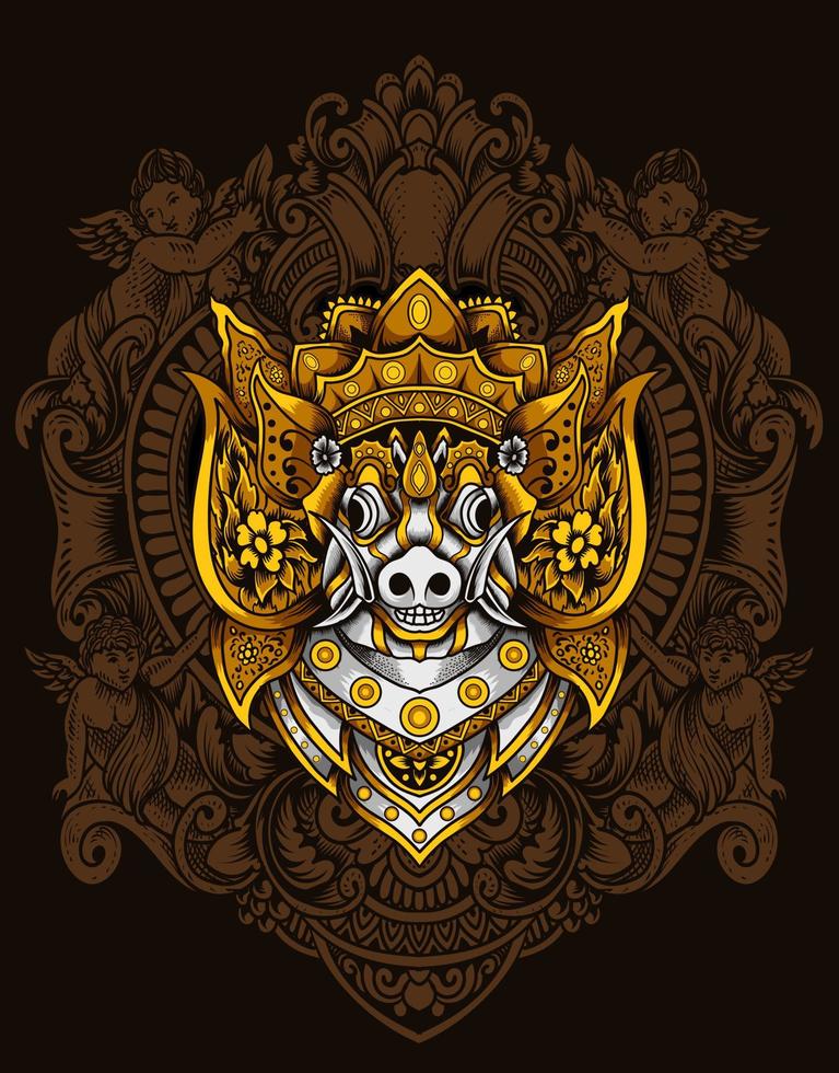 Illustration barong bangkung head with vintage engraving ornament vector