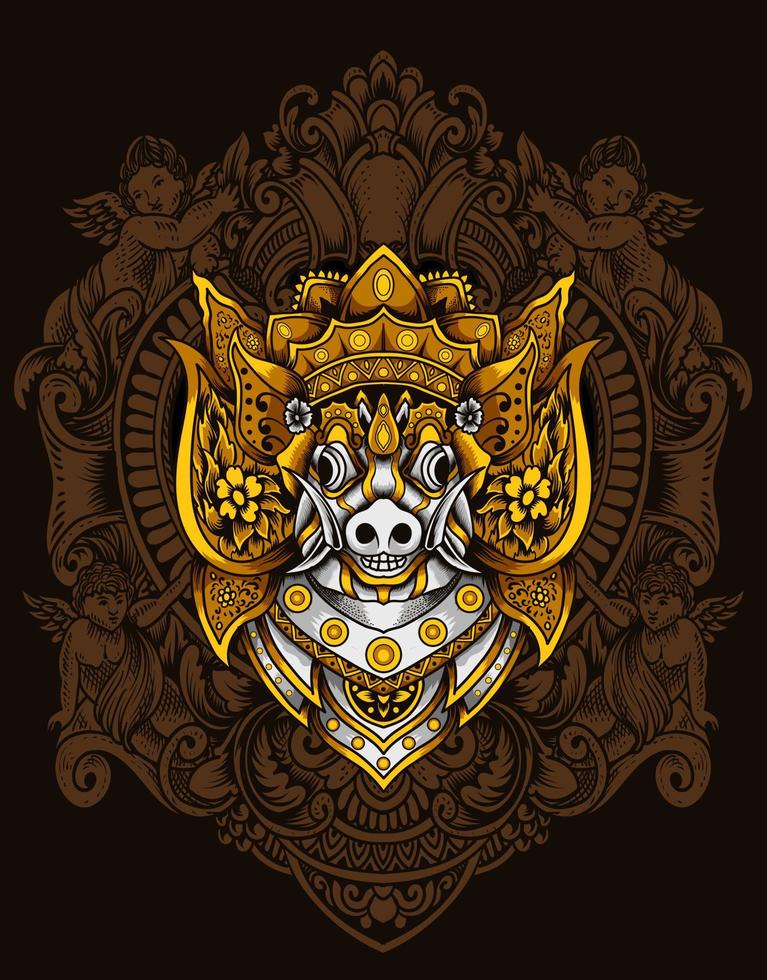 cabeza de ilustración barong bangkung con adorno de grabado vintage vector