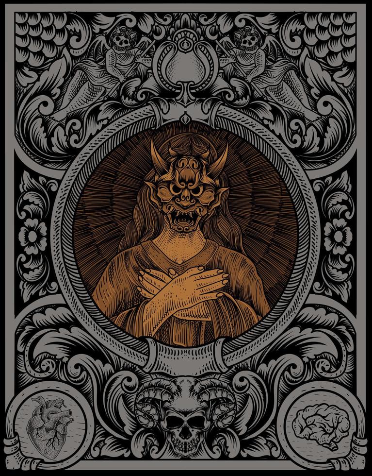 ilustración vintage diablo mujer con grabado ornamento vector