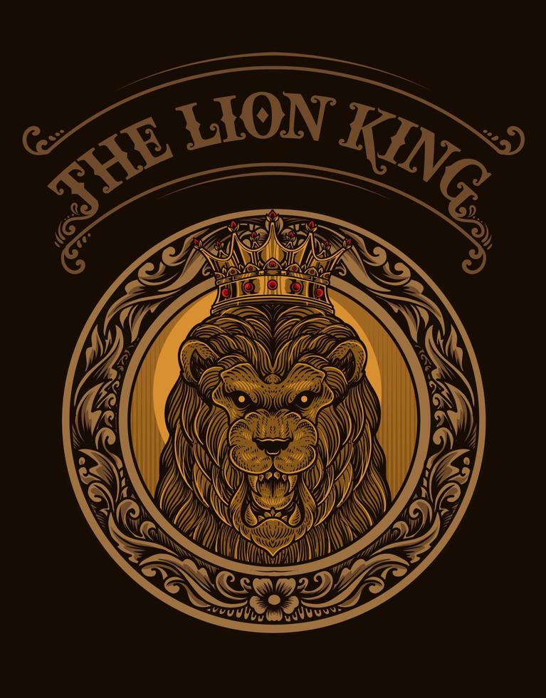 illustration lion king with engraving ornament vector