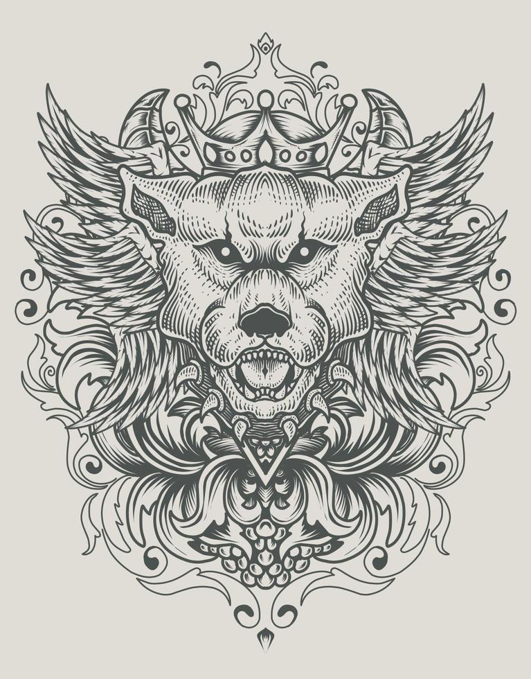 illustration vintage dog head with engraving ornament vector