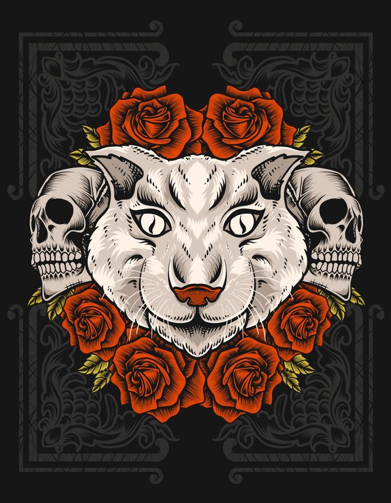illustration cat head with rose flower and skull head vector