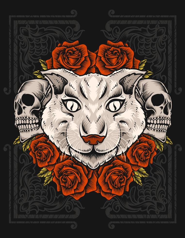 illustration cat head with rose flower and skull head vector