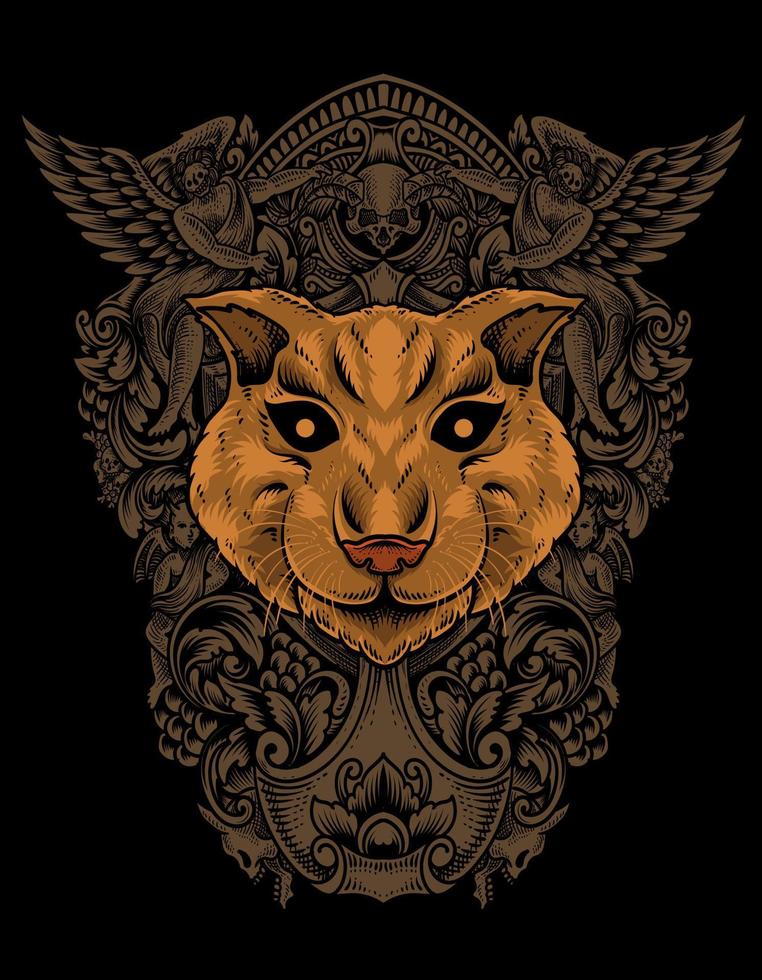 ilustración, cabeza de gato, con, grabado, ornamento vector