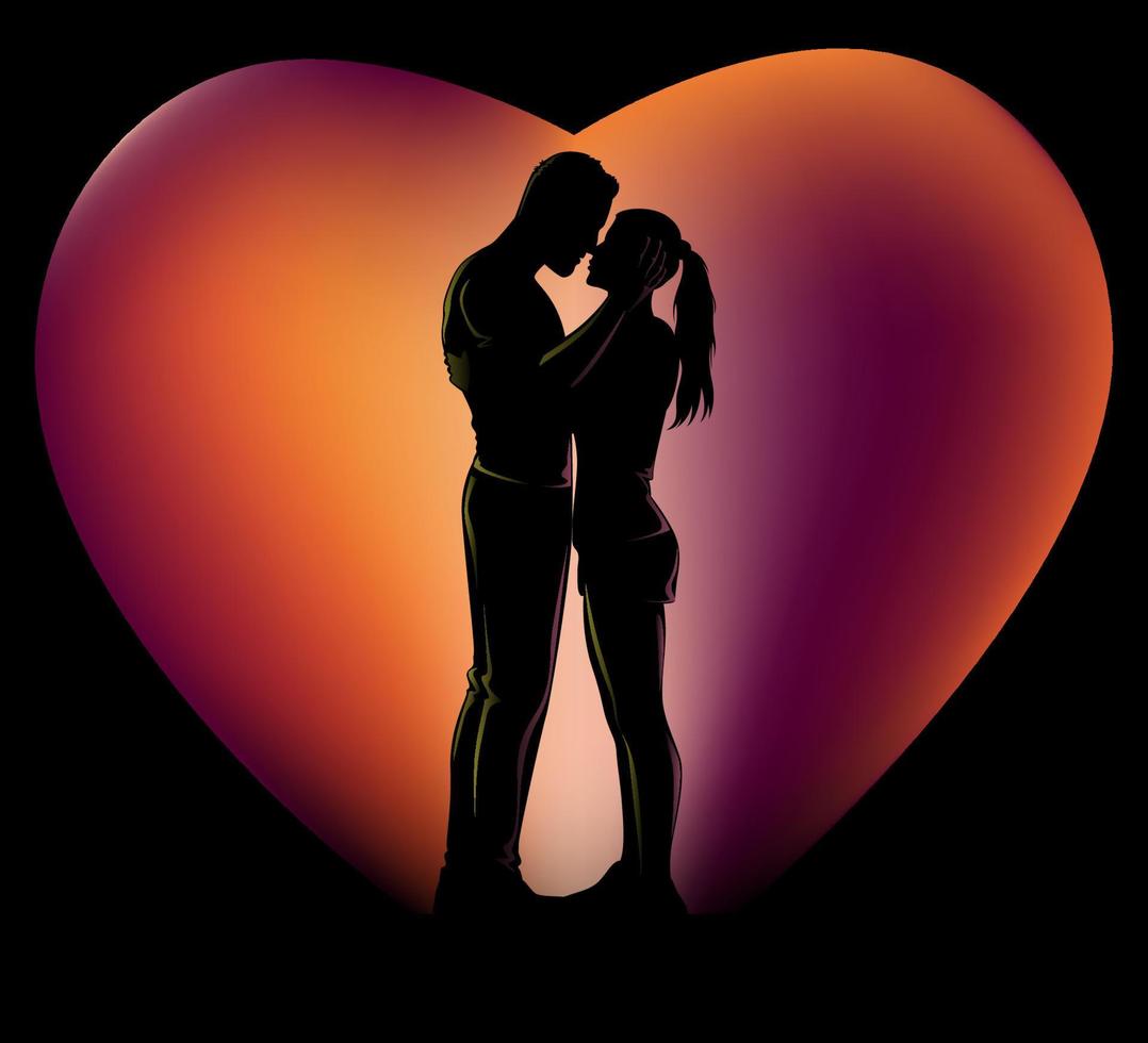 Silhouette of romantic couple on sunset colors heart shaped background. Vector Illustration