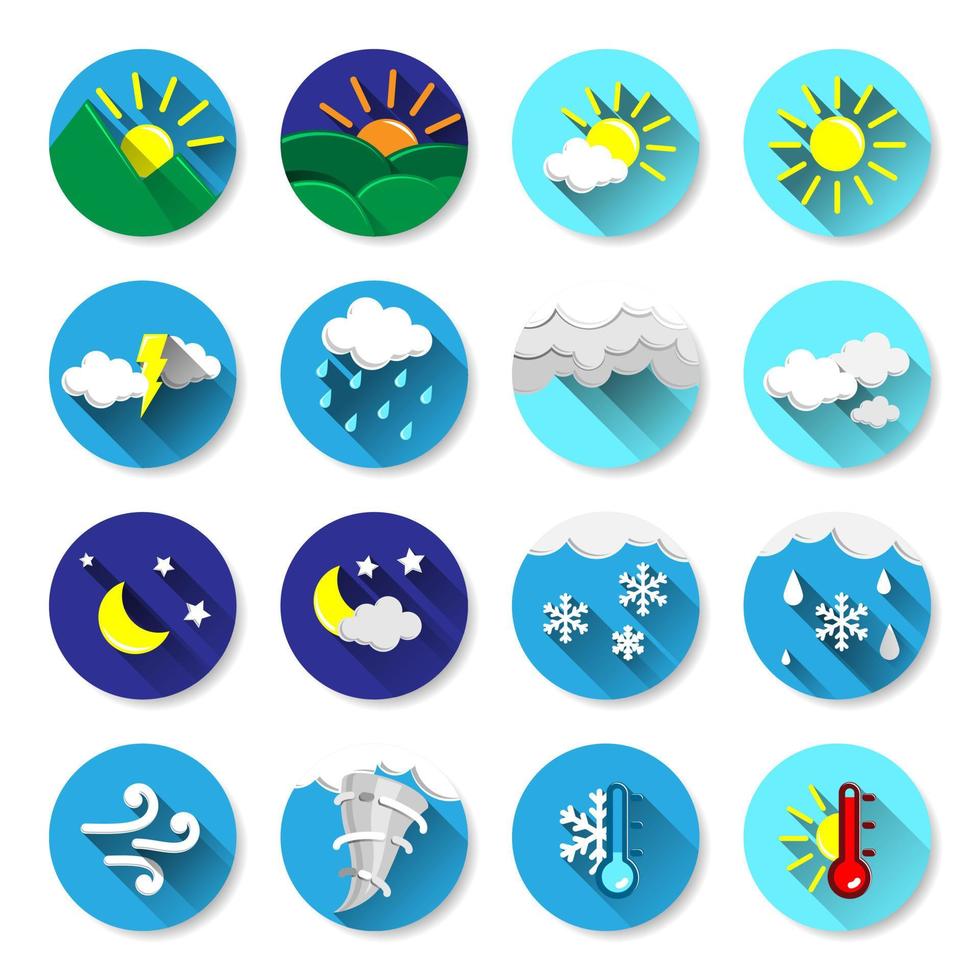 Set of Colorful Weather Report Forecast Round Flat Icons with Long Shadow for Print, Web or Mobile App. Vector Illustration