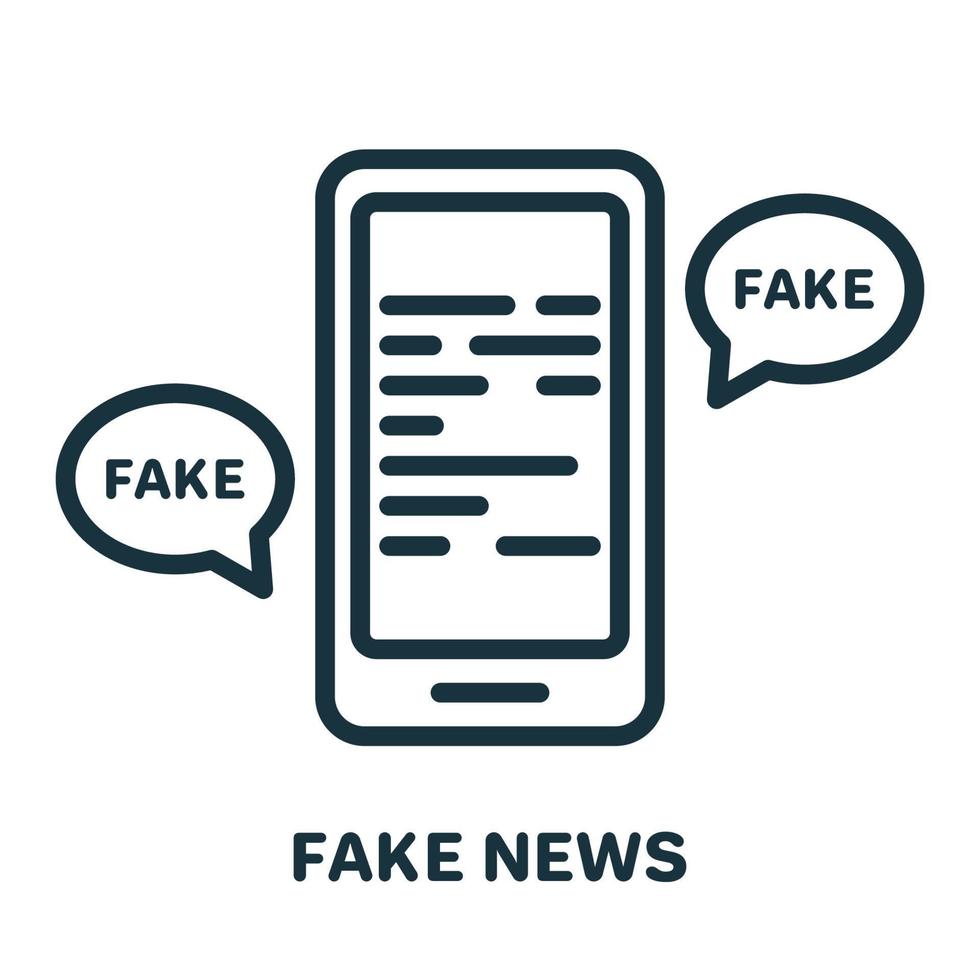 Fake News on Mobile Phone Line Icon. Disinformation Concept. Hoax, Fake, False on Smartphone Linear Pictogram. Message with Misinformation Outline Icon. Isolated Vector Illustration.