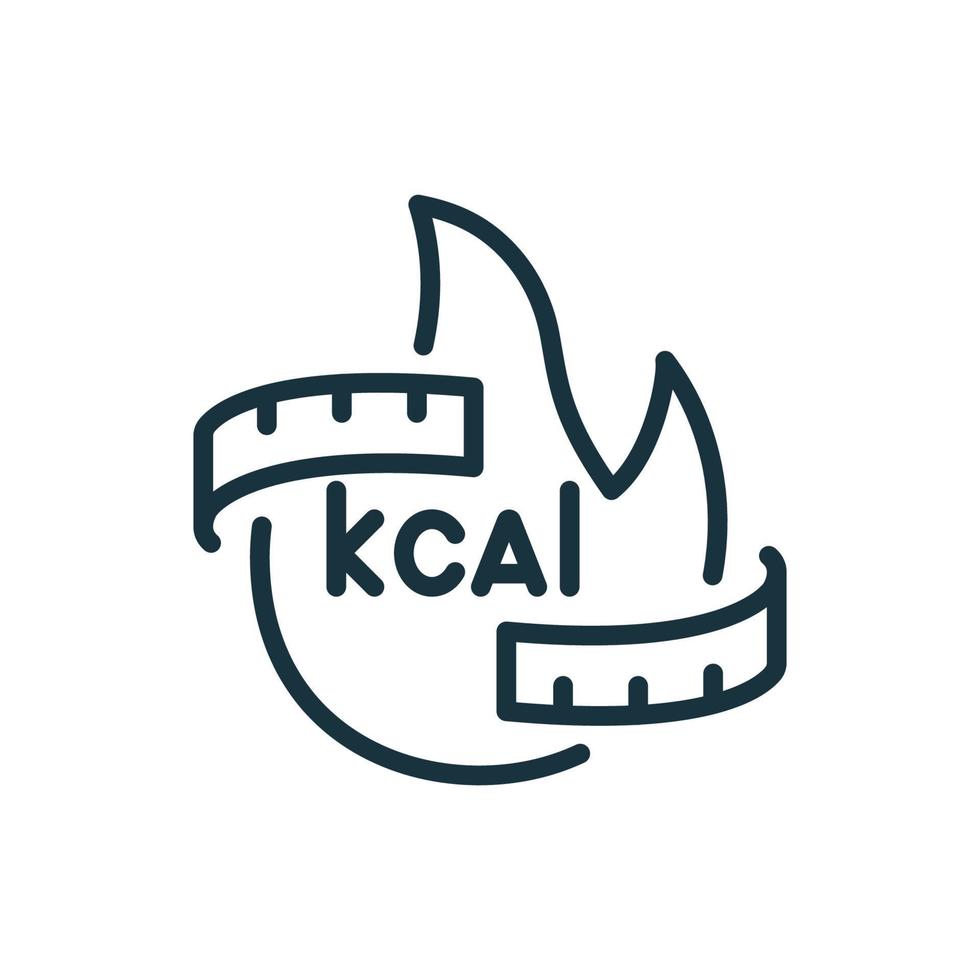 Burn Calories Line Icon. Kcal, Flame, Tape Loss Weight Concept Linear Pictogram. Calory Burning Outline Icon. Isolated Vector Illustration.