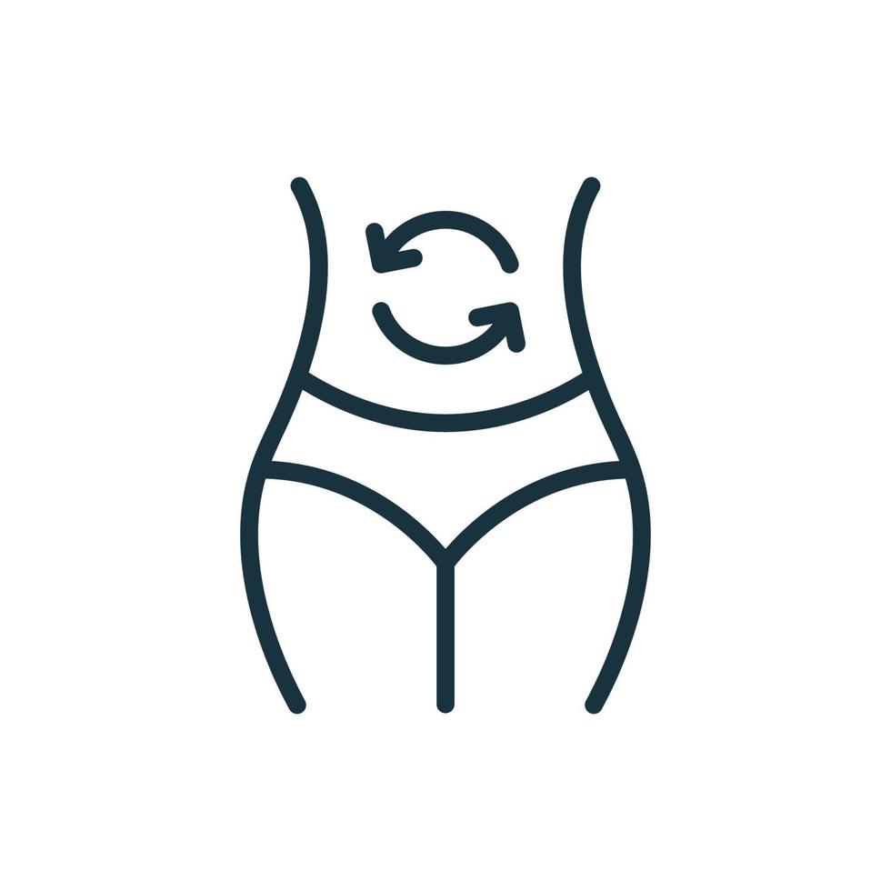 Woman Metabolism Line Icon. Female Good Digestion Linear Pictogram. Belly and Arrow Metabolism Concept Outline Icon. Isolated Vector Illustration.