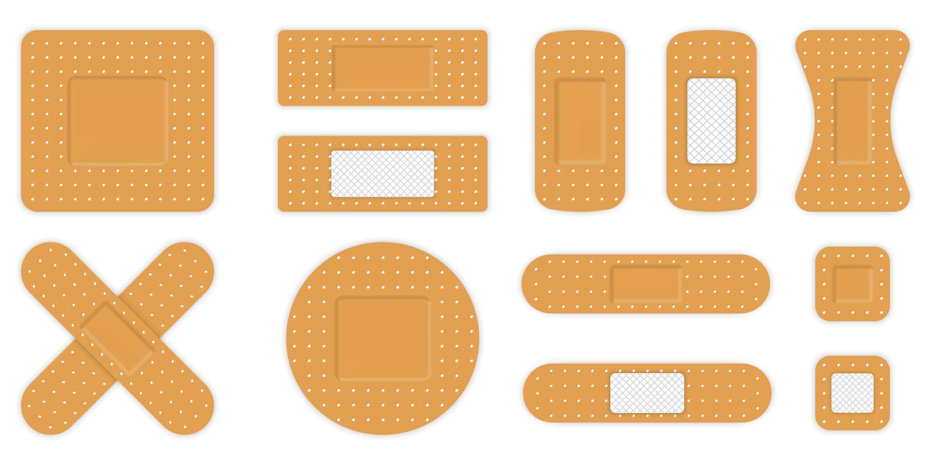 Medical Band Plaster First Aid. Adhesive Elastic Bandage Health Treatment. Sticker Patch for Protection Wound, Injury Set. Bandage Strip, Cross, Square Plasters. Isolated Vector Illustration.