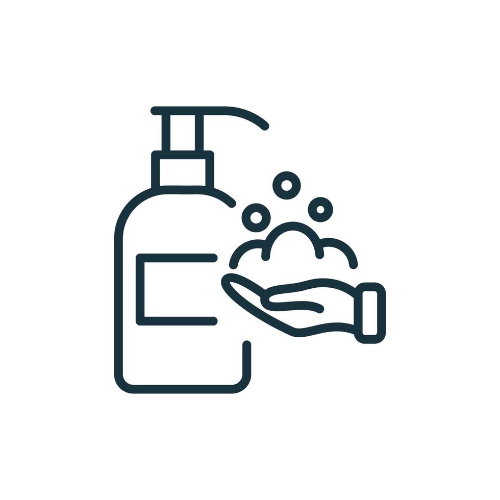 jabón líquido antibacteriano con icono de línea de botella de bombeo. pictograma lineal del concepto de lavado de manos. higiene y desinfección del icono del contorno de las manos. ilustración vectorial aislada. vector