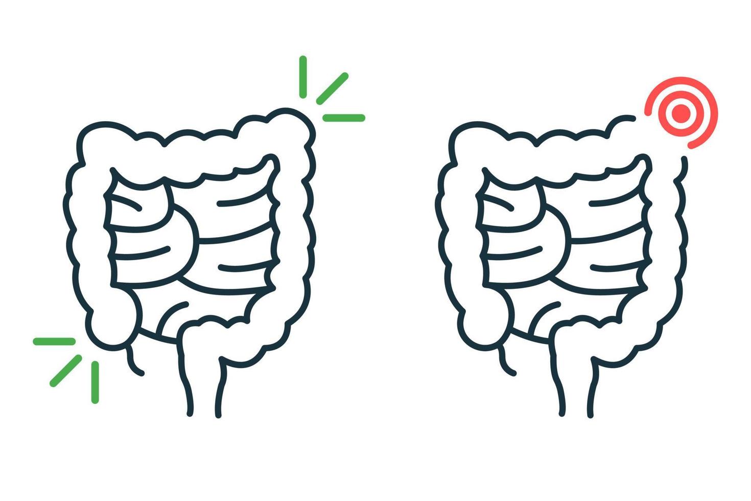 icono de la línea del intestino sano y enfermo. salud, enfermedad pictograma del intestino grueso. icono de contorno de colon enfermo. diarrea, disbiosis, concepto de dolor de estómago. ilustración vectorial aislada. vector