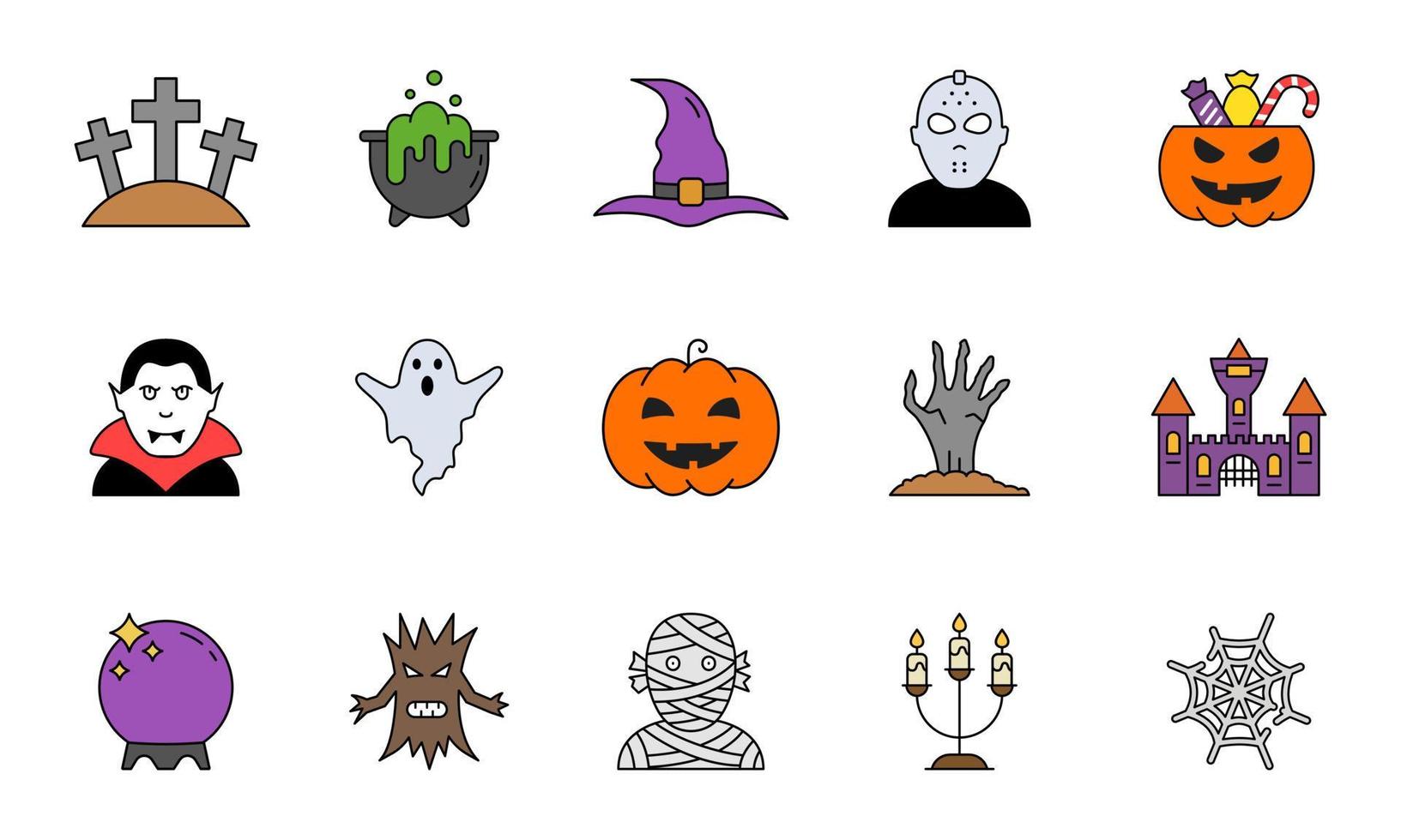 Set of Halloween Colorful Flat Icon. Spooky Horror Icons. Pumpkin, Ghost, Castle, Grave, Candy, Vampire, Cauldron Icon for Celebration 31 October. Vector Illustration.