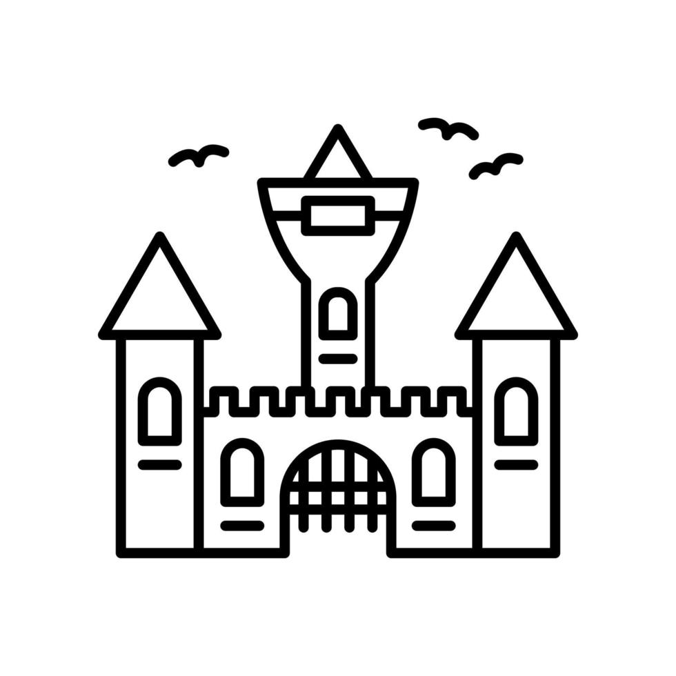 Vampire Dracula Castle Line Icon. Halloween Gothic Spooky Castle Outline Pictogram. Scary Dark Old Castle for Halloween Celebration Linear Icon. Editable Stroke. Vector Illustration.