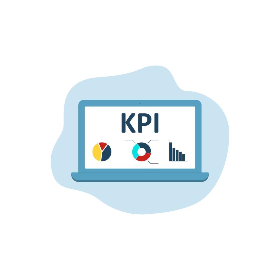 KPI, Key Performance Indicator. Laptop icon on blue background. Diagram, chart, graph icon. Vector