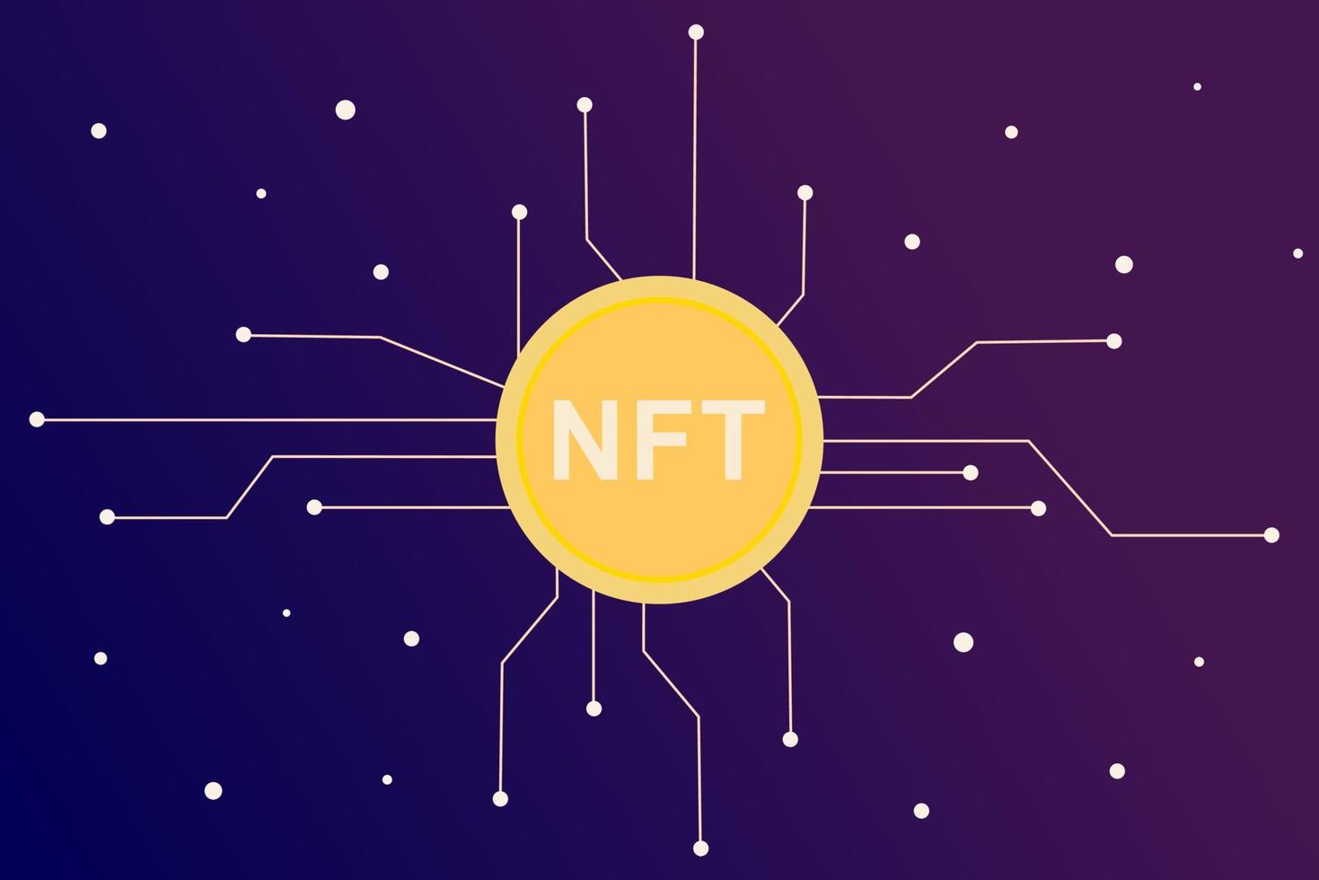NFT non fungible token infographic with lines and dots network on dark background. Pay for unique collectibles in games or art. Flat vector illustration of NFT with blockchain technology for banner.