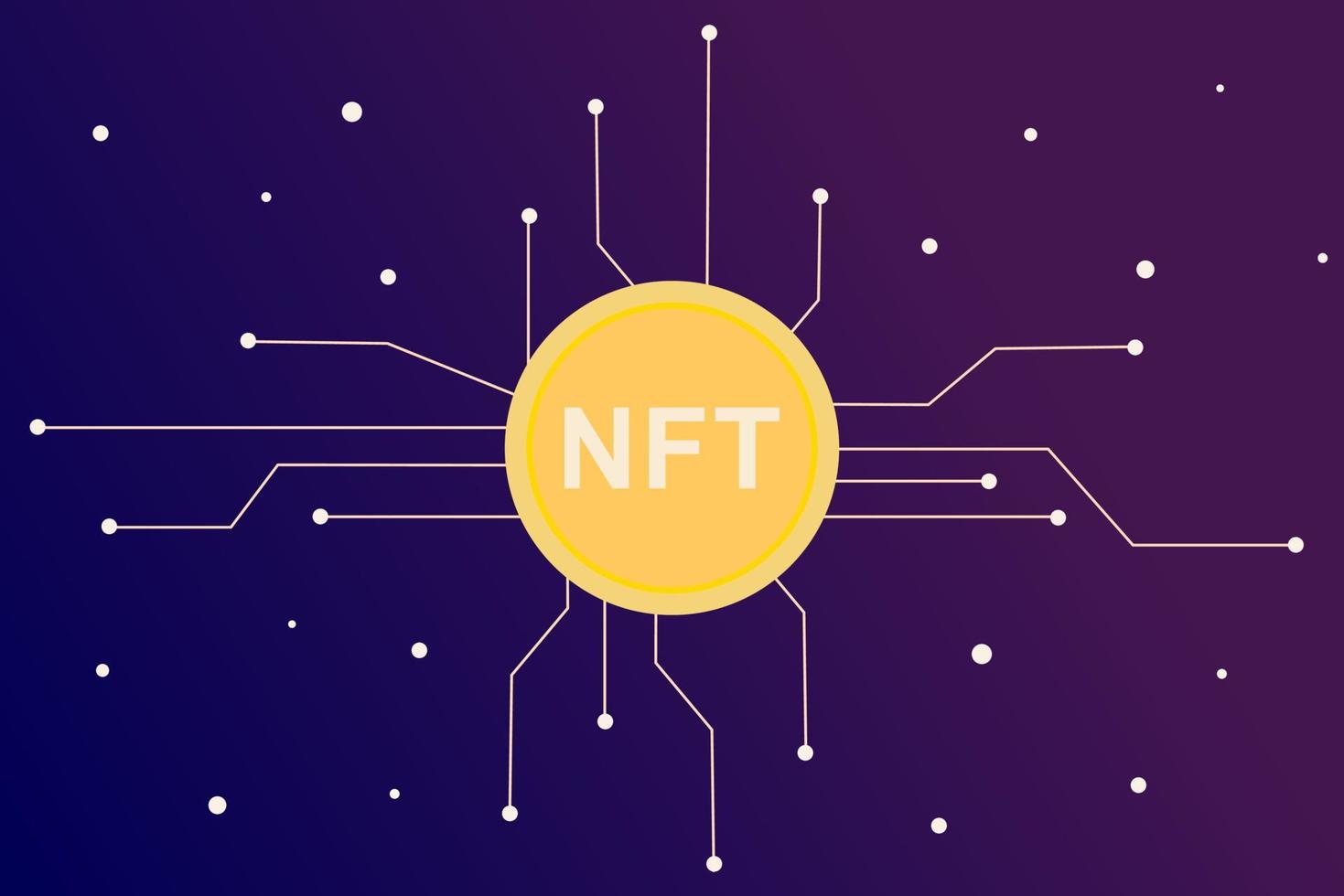 infografía de token no fungible nft con red de líneas y puntos sobre fondo oscuro. paga por coleccionables únicos en juegos o arte. ilustración vectorial plana de nft con tecnología blockchain para banner. vector