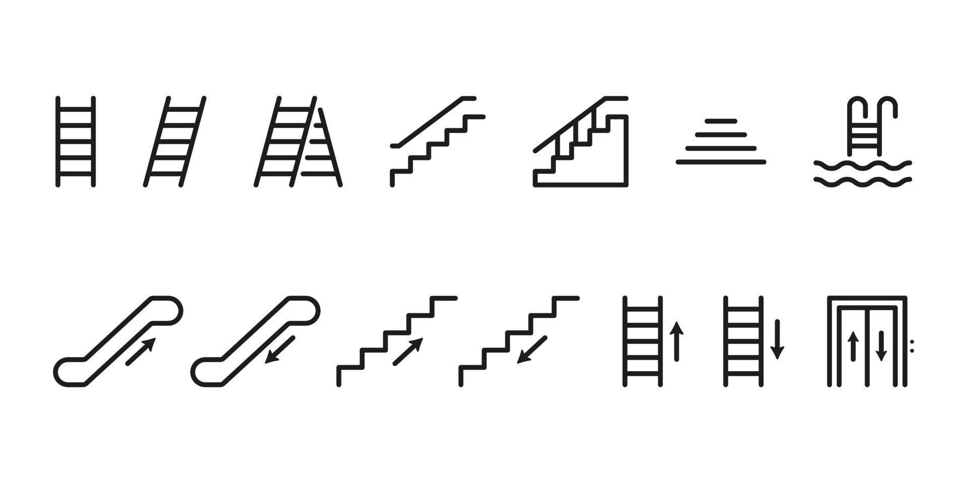 Set of Staircases Line Icon. Climb Up or Go Down on Steps. Stairs Linear Pictogram. Ladder, Elevator, Stairway, Escalator, Pool Stair Outline Icon. Isolated Vector Illustration.