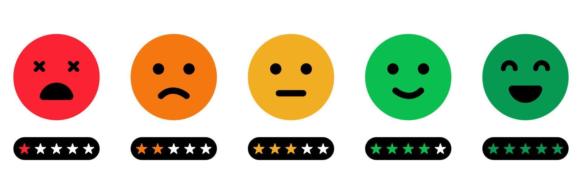 Emoji Feedback Scale with Stars Icon. Level Survey of Customer Satisfaction. Customers Mood from Happy Good Face to Angry and Sad Concept. Emoticon Feedback. Isolated Vector Illustration.