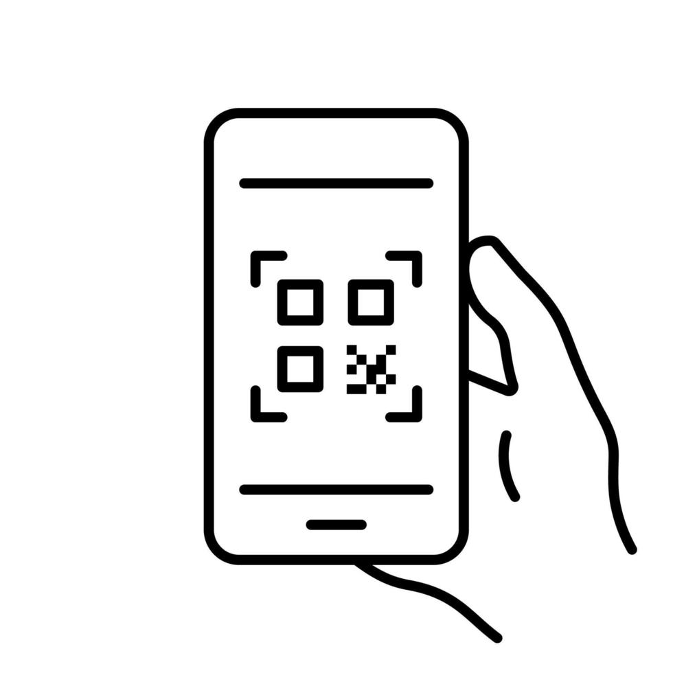 Mobile Phone with QR Code Line Icon. Smartphone in Hand Scanning Barcode Linear Pictogram. Online Payment with Qrcode on Smart Phone Outline Icon. Isolated Vector Illustration.