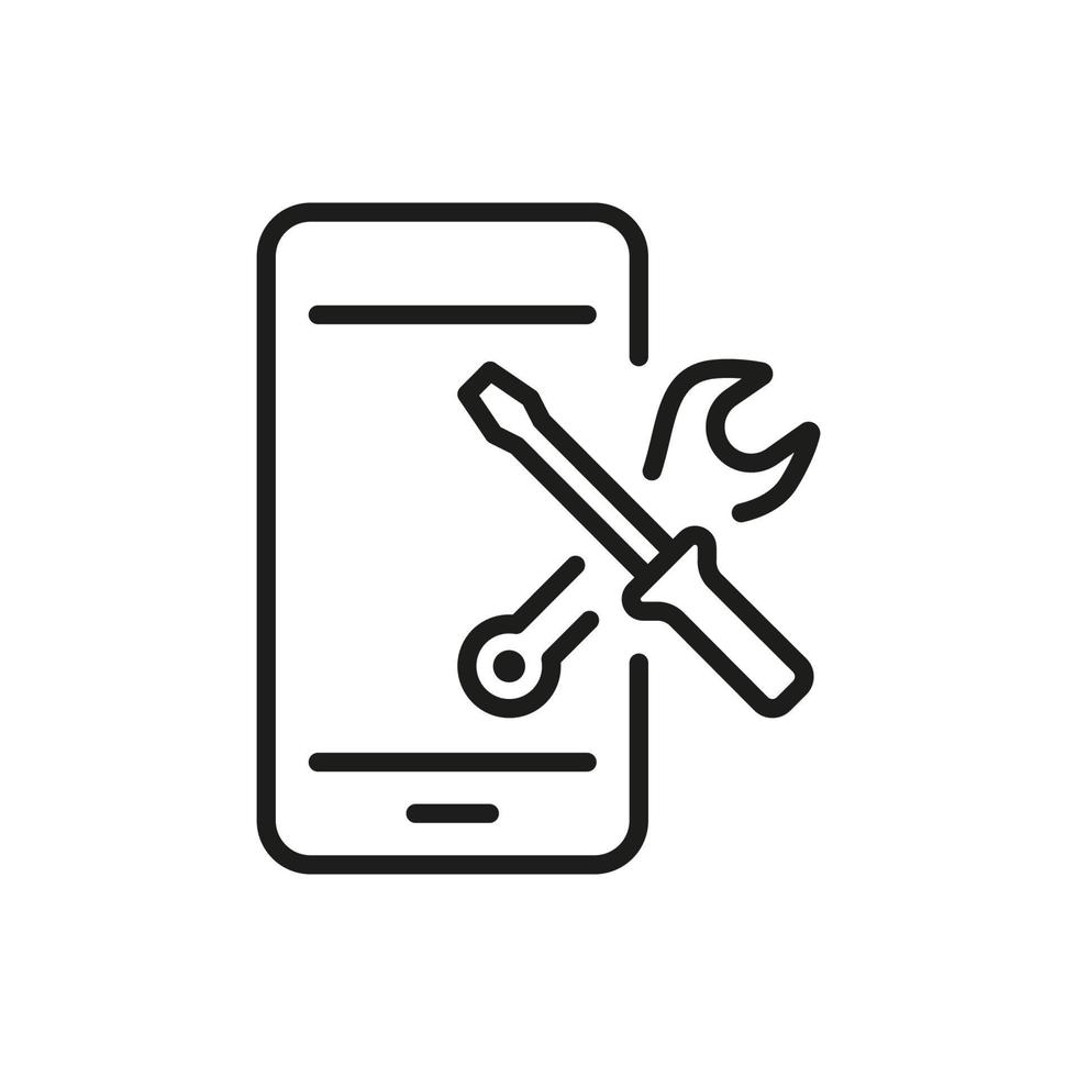 Setting Up Applications on Mobile Phone Line Icon. Service of Software Smartphone Linear Pictogram. Configuration and Technical Support of Cell Phone. Vector Illustration.