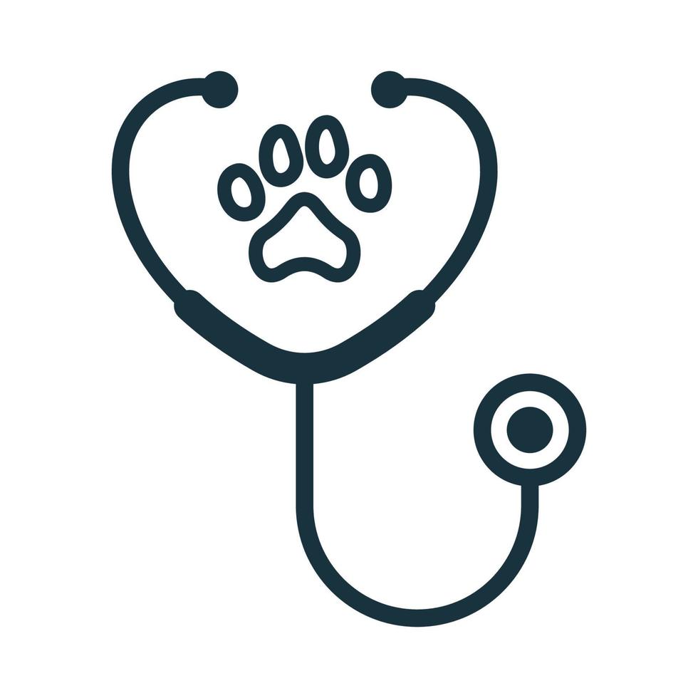 estetoscopio con icono de línea de impresión de pata. concepto veterinario. icono del servicio de atención médica para perros y gatos. pictograma de esquema de equipo de medicina veterinaria. ilustración vectorial aislada. vector