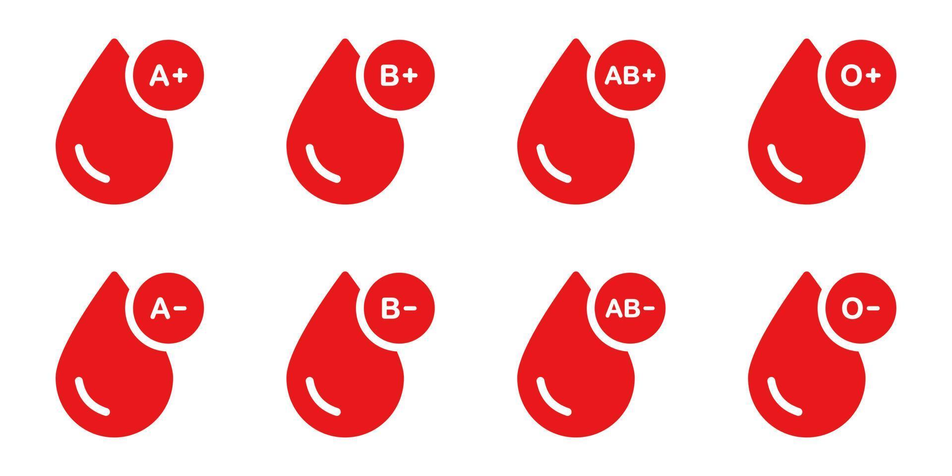 Blood Type Silhouette Icon. Group of Blood Pictogram. O, A, B, AB Positive and Negative Type of Blood Pictogram Set. Red Plasma Drops Collection. Bleed Donation Concept. Isolated Vector Illustration.