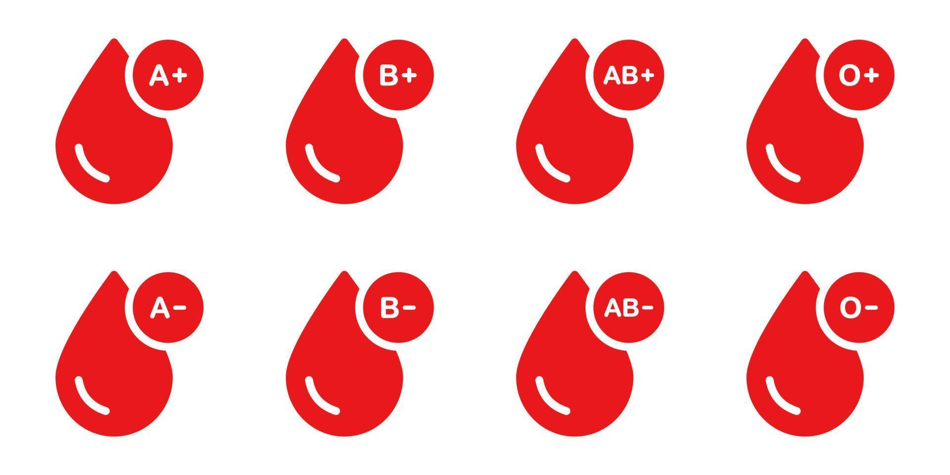 icono de silueta de tipo de sangre. grupo de pictogramas de sangre. o, a, b, ab conjunto de pictogramas de sangre de tipo positivo y negativo. colección de gotas de plasma rojo. concepto de donación de sangrado. ilustración vectorial aislada. vector