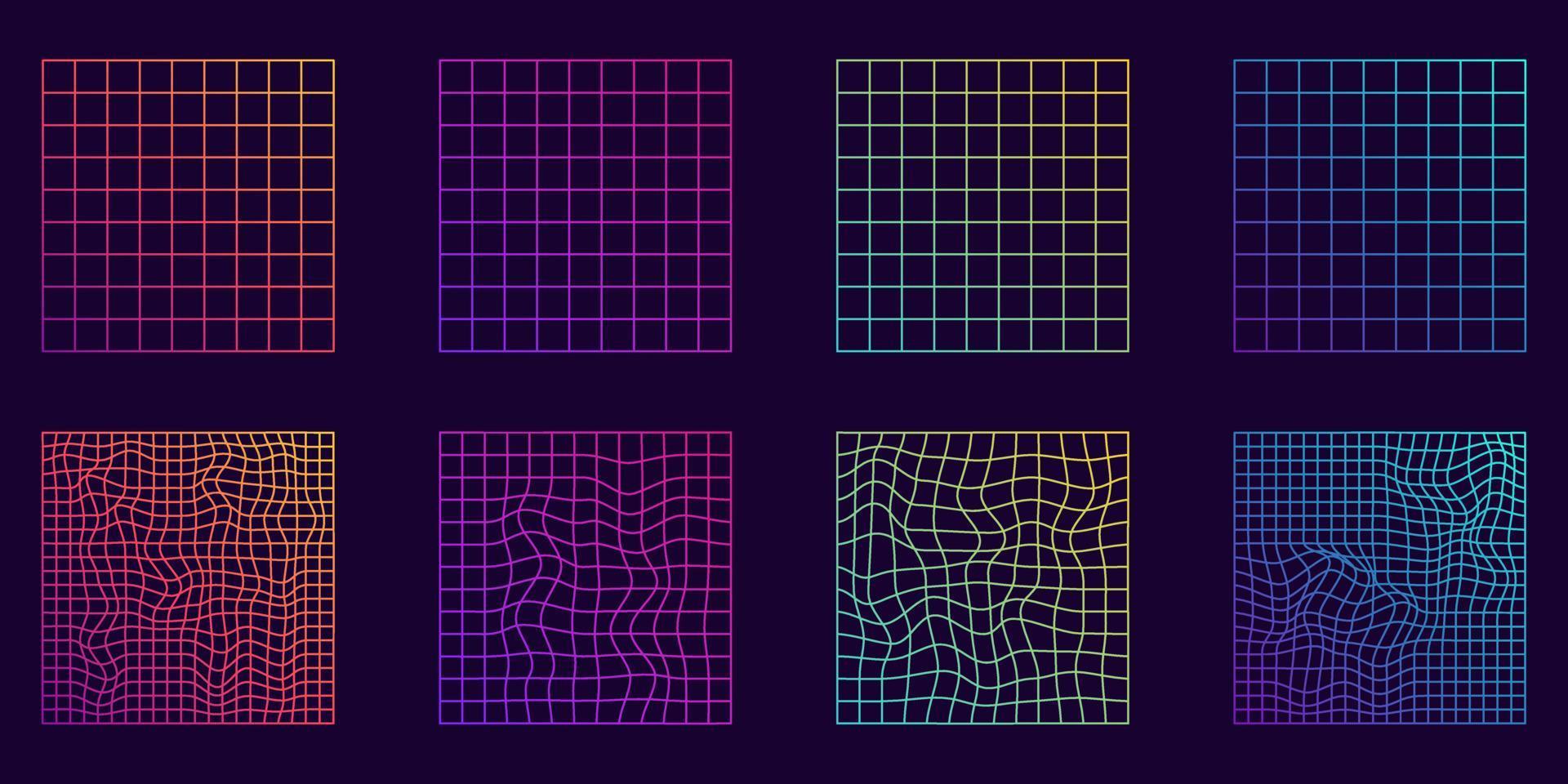 Distorted Grid Square Neon Pattern. Warp Futuristic Geometric Square Glitch. Abstract Modern Design. Wave Ripple Perspective Square. Isolated Vector Illustration.