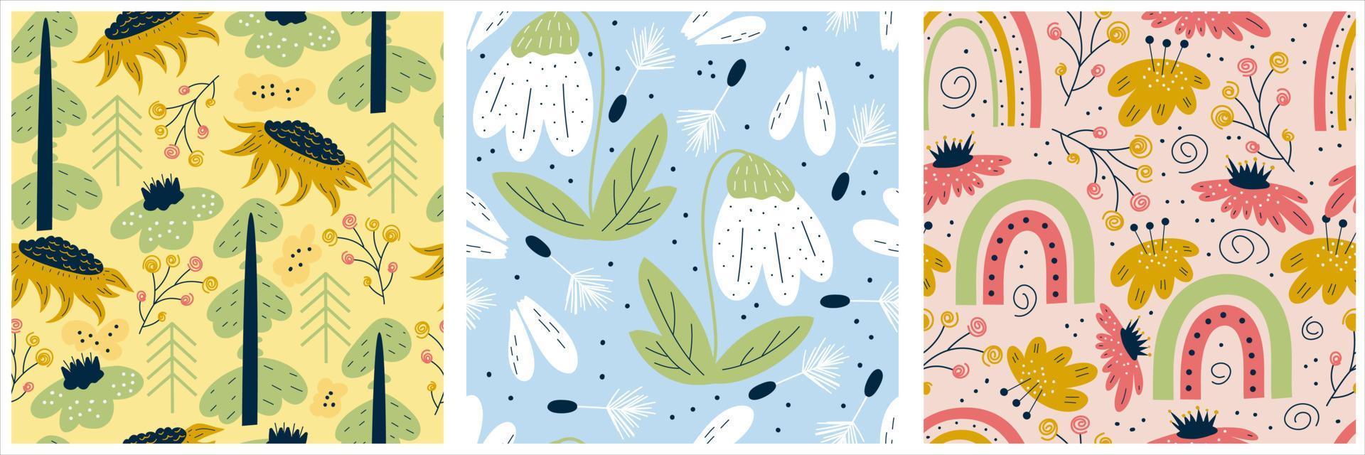 conjunto escandinavo de patrones de primavera con gotas de nieve, mariquitas y arco iris. patrón sin costuras con insectos y árboles. diseño de ilustración vectorial diseño de impresión de vivero escandinavo floral de verano. vector