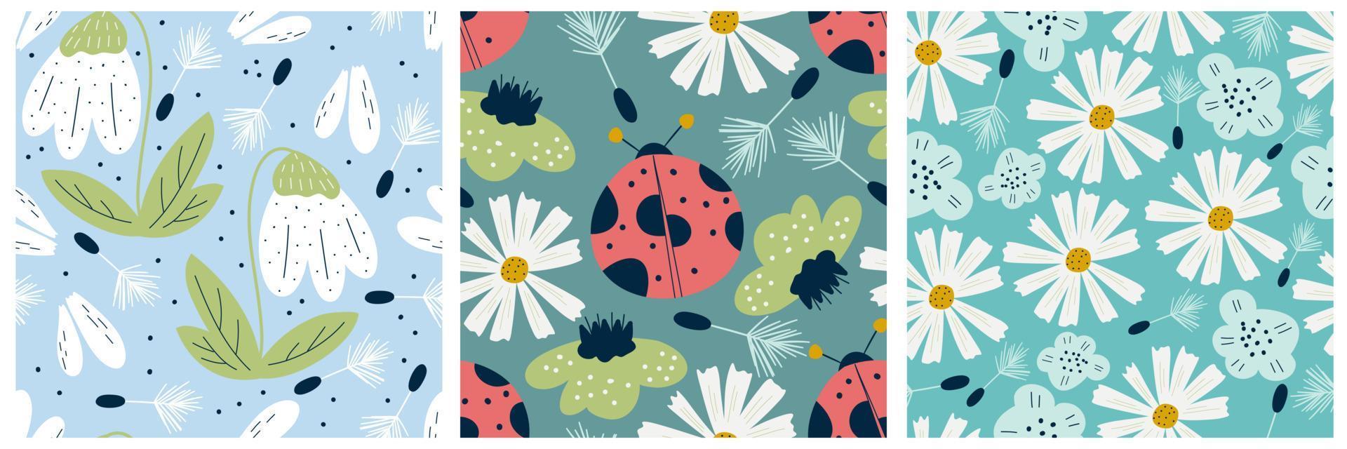 Scandinavian set of spring patterns with flowers, ladybugs and chamomile. Seamless pattern with insects and snowdrop. Vector illustration design. Summer floral scandinavian nursery print design.