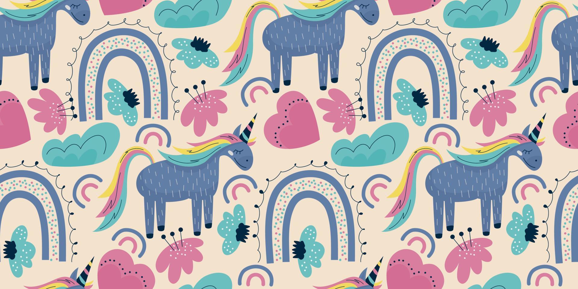 unicornio escandinavo de patrones sin fisuras con arco iris y flores. un caballo con un cuerno se sienta sobre un fondo con nubes, corazón. textil infantil con un arco iris brillante vector