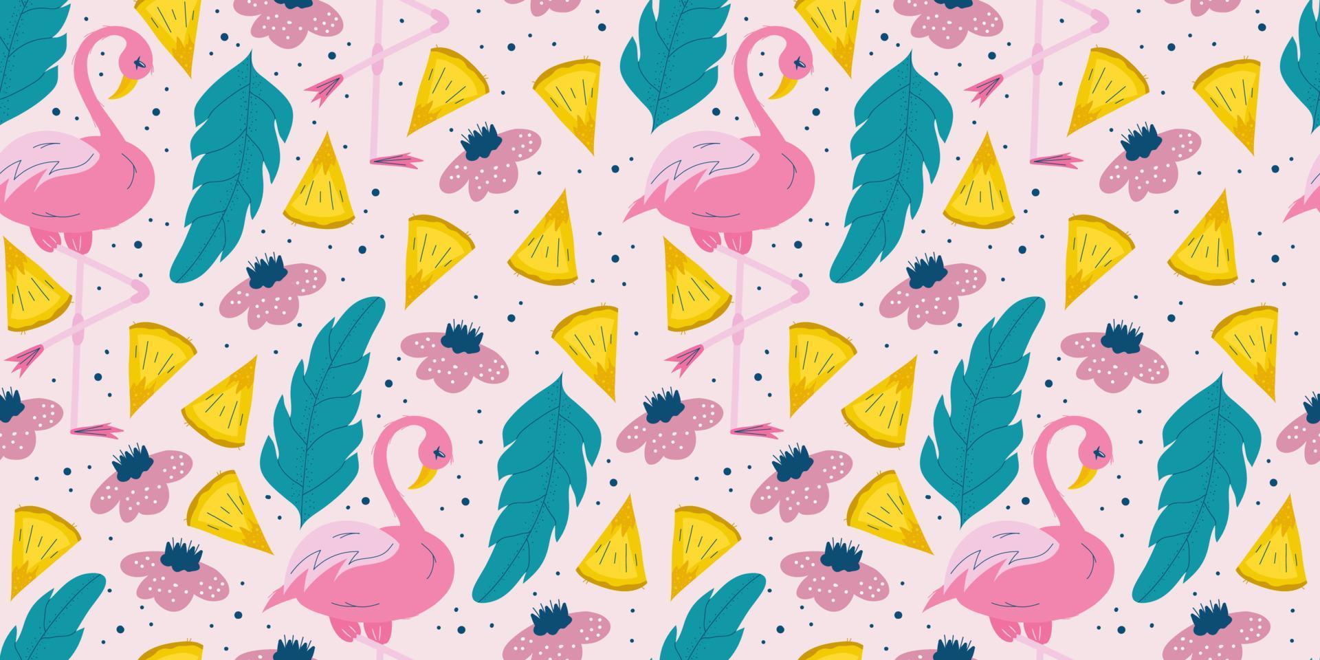 Seamless summer pattern with pink flamingo and tropical leaves and pineapple pieces.Blue leaves and flamingos on a pink background for children's design. Flat vector illustration.