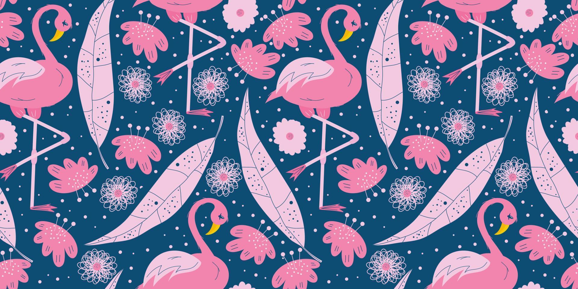 Seamless summer pattern with pink flamingos and tropical leaves and daisy flowers.Pink leaves and flamingos on a dark blue background for children's design. Flat vector illustration.