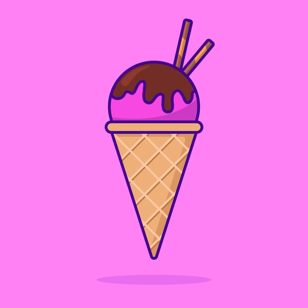 Ice Cream Waffle Cone on Pink Background. Summer Ice Cream with Chocolate and Cookie. Frozen Sweet Sundae Ball and Cone Waffle in Cartoon Style. Isolated Vector Illustration.