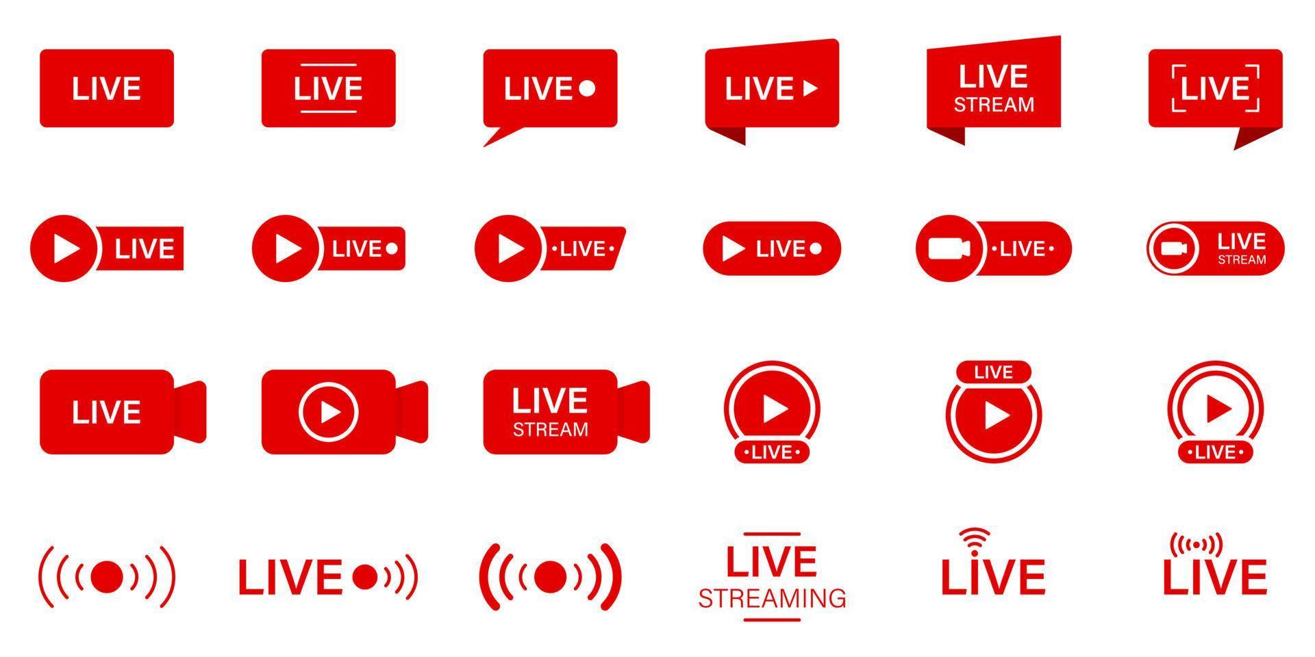 Live Stream Sign Set. Online News, Show, Channel Television. Live Stream Line Icon. Online Broadcast Buttons Pictogram. Red Symbol of Livestream. Isolated Vector Illustration.