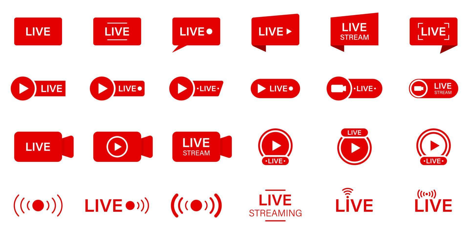 conjunto de signos de transmisión en vivo. noticias en línea, espectáculo, canal de televisión. icono de línea de transmisión en vivo. pictograma de botones de transmisión en línea. símbolo rojo de transmisión en vivo. ilustración vectorial aislada. vector