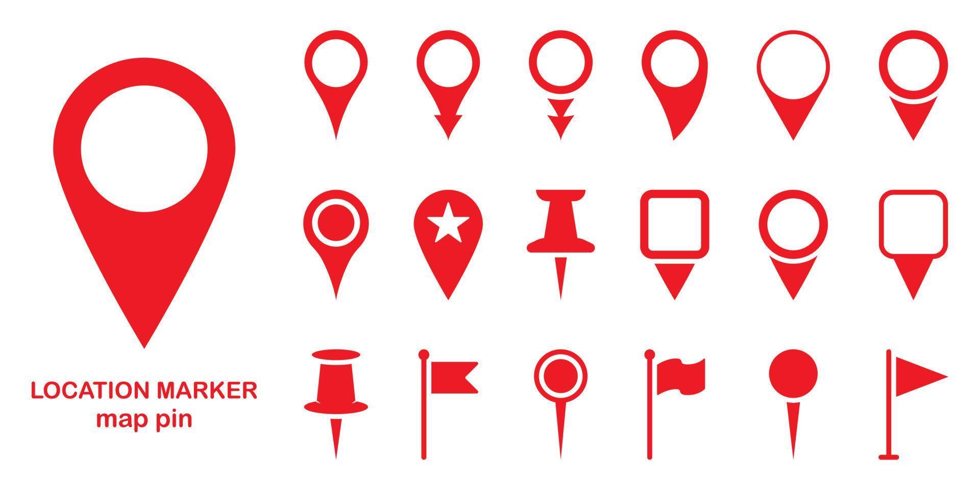 Red Location Pins Sign. Set of Marker Point on Map, Place Location Pictogram. Pointer Navigation Symbol. Red GPS Tag Collection. Flag Mark, Thumbtack Sign. Isolated Vector Illustration.