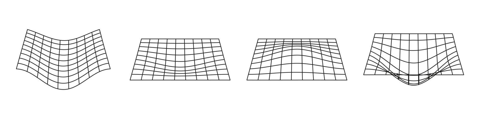 patrón de estructura alámbrica futurista de cuadrícula. Forma geométrica de deformación 3d con línea ondulada curva. rejilla de onda negra sobre fondo blanco. diseño moderno abstracto. ilustración vectorial aislada. vector