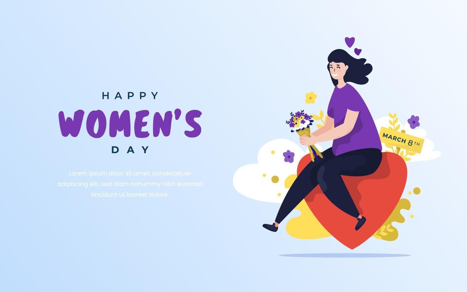 Flat design cute girl sitting on heart symbol for women's day greetings vector