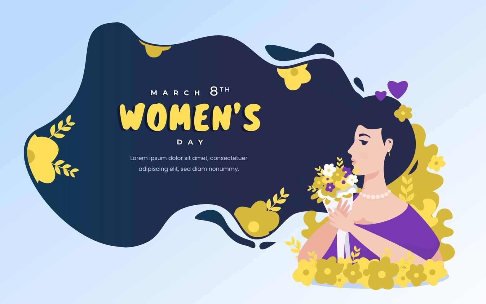 saludos felices del día de la mujer con un lindo personaje de niña en un banner de diseño plano vector