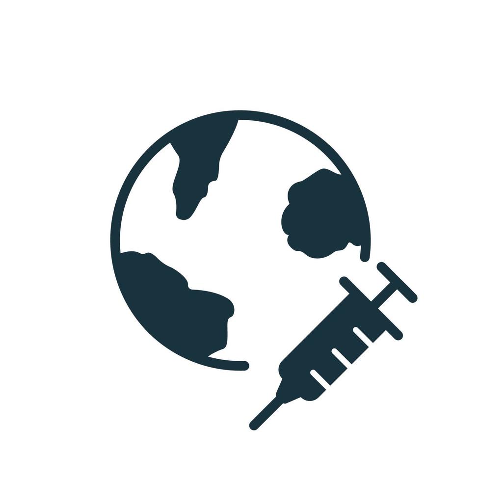 Global Vaccination Against Coronavirus Silhouette icon. Vaccine to control Pandemic. The Vaccine Protect the earth from Covid-19. Worldwide distribution of Vaccine. Vector illustration.