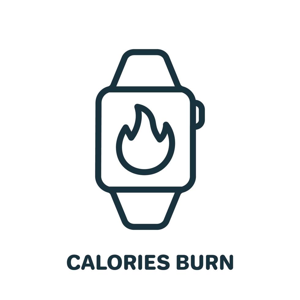 rastreador de fitness para contar el icono de la línea de calorías quemadas. pulsera inteligente con pictograma lineal de llama. Contador de aplicaciones de reloj inteligente para el icono de esquema de quema de calorías. ilustración vectorial aislada. vector