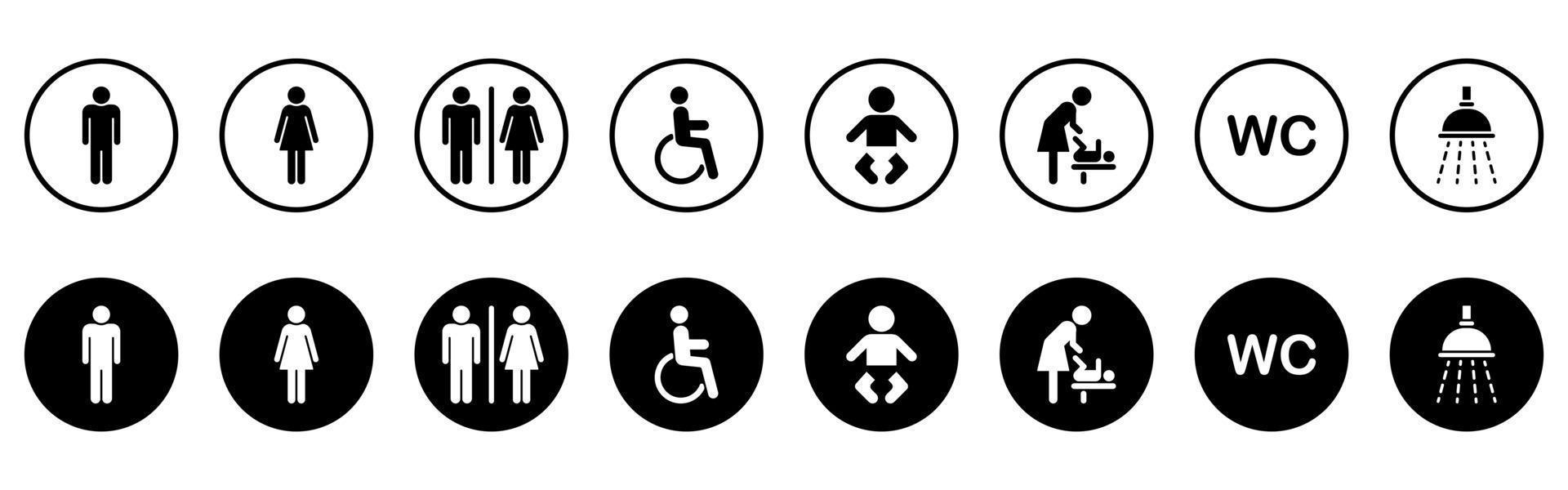 Set of Toilet Silhouette Icon. Mother and Baby Room Icon. WC Sign on Door for Public Toilet. Sign of Washroom for Male, Female, Disabled and Children. Symbols Restroom. Vector Illustration.