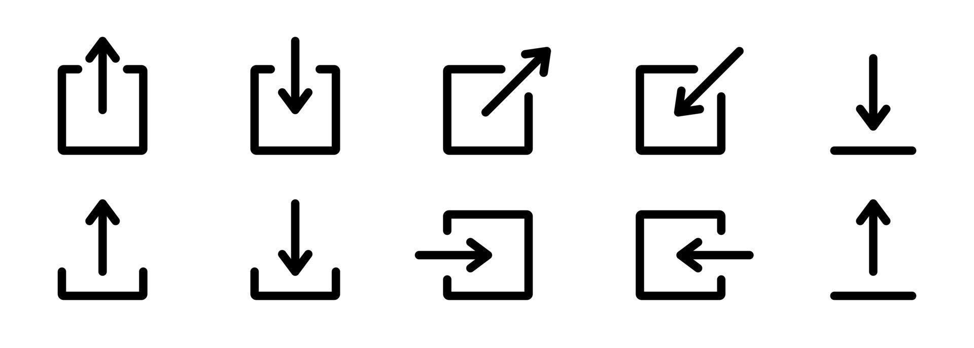 compartir, botón de descarga para el icono de la línea de medios sociales. flecha y símbolos cuadrados de carga, compartir para el icono de contorno del sitio web. enviar pictograma lineal de signo de archivo. ilustración vectorial aislada. vector