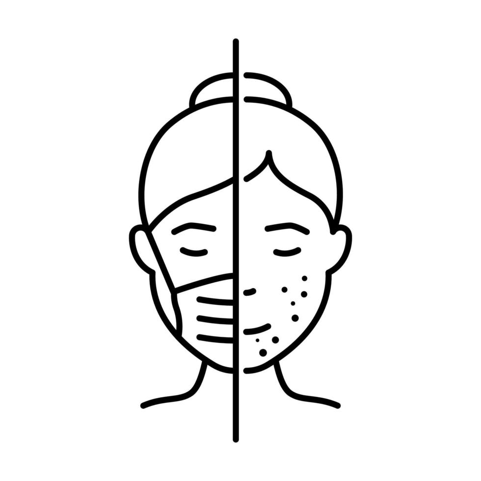 Maskne Facial Skin Irritation Line Icon. Lady with Mask Acne Face Trouble Linear Pictogram. Comedo, Pimple, Allergic Cause Wear Medical Mask Outline Icon. Vector Illustration.