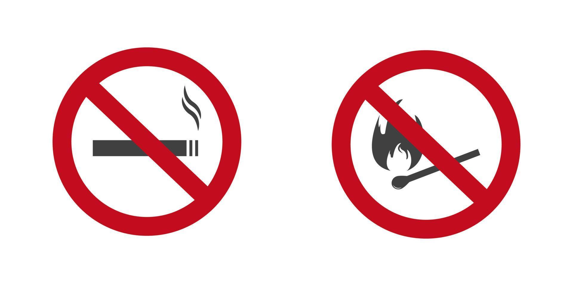 No smoking, No open flame. Forbidden no smoking  and no open fire burning red sign. Vector