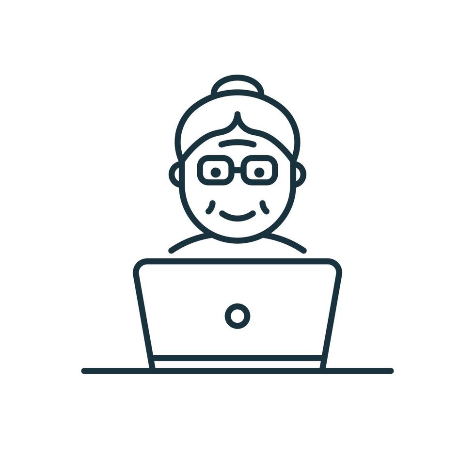 Old Senior Woman Influencer Line Icon. Positive Retired Blogger Creating Content Linear Pictogram. Elder Person with Computer Outline Icon. Isolated Vector Illustration.