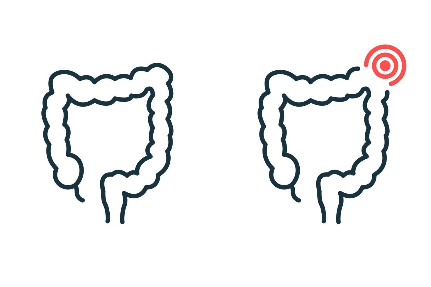 Healthy and Sick Colon Line Icon. Diseased Bowel Outline Icon. Health, Illness Large Intestine Pictogram. Diarrhea, Dysbiosis, Stomachache Concept. Isolated Vector Illustration.